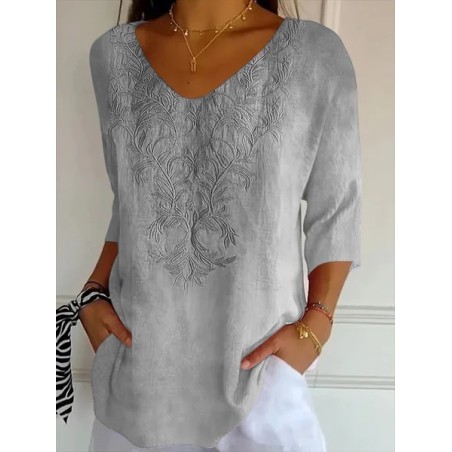 Women Floral Three Quarter Sleeve Tee T-shirt V Neck Printing Casual Spring/Fall Graphic Tee Top