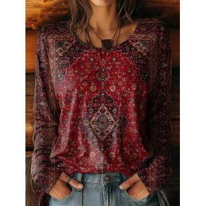 Women Ethnic Long Sleeve Tee T-shirt Crew Neck Printing Casual Spring/Fall Graphic Tee Top