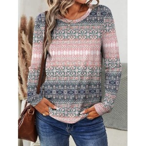 Women Ethnic Long Sleeve Tee T-shirt Crew Neck Printing Casual Spring/Fall Graphic Tee Top