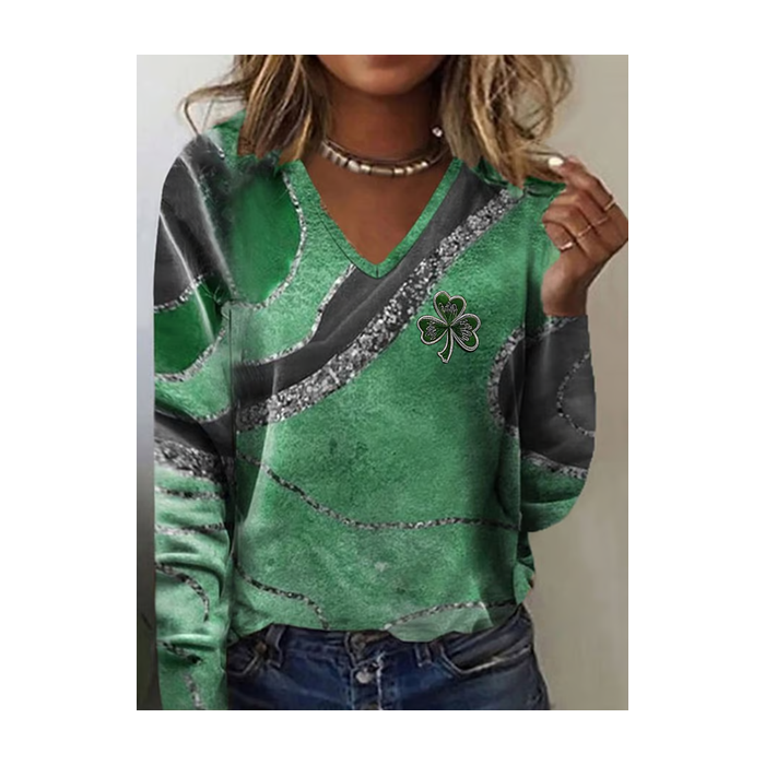 Women's Long Sleeve Tee T-shirt Spring/Fall Geometric Printing V Neck Casual Graphic Tee Top