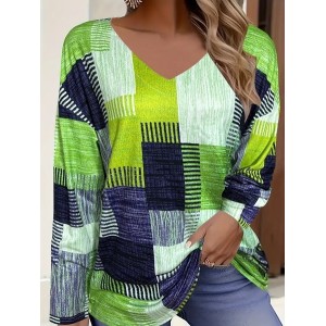Women's Long Sleeve Tee T-shirt Spring/Fall Multicolor Block Printing V Neck Casual Graphic Tee Top
