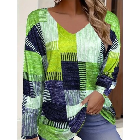 Women's Long Sleeve Tee T-shirt Spring/Fall Multicolor Block Printing V Neck Casual Graphic Tee Top