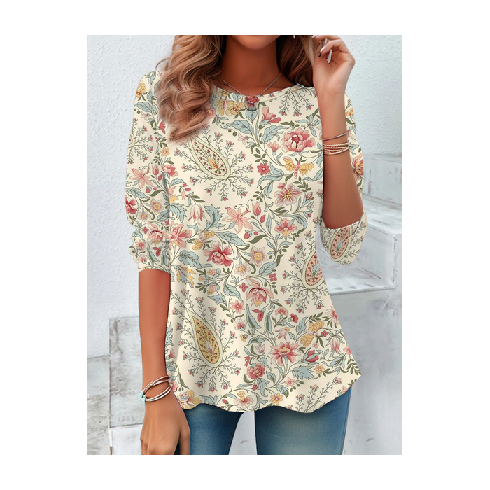 Women's Long Sleeve Tee T-shirt Spring/Fall Floral Printing Crew Neck Casual Graphic Tee Top