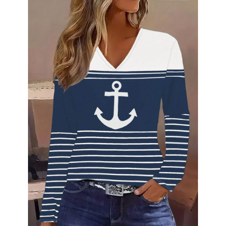 Women's Long Sleeve Tee T-shirt Spring/Fall Striped Printing V Neck Casual Graphic Tee Top