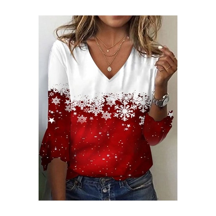 Women's Three Quarter Sleeve Tee T-shirt Spring/Fall Snowflake Printing Jersey V Neck Holiday Going Out Vintage Top