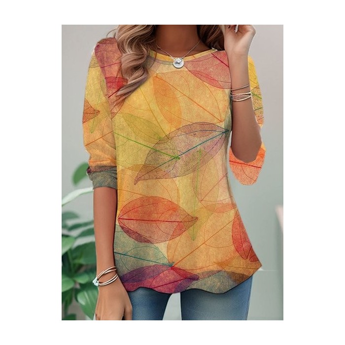 Women's Long Sleeve Tee T-shirt Spring/Fall Leaf Jersey Crew Neck Daily Going Out Casual Top