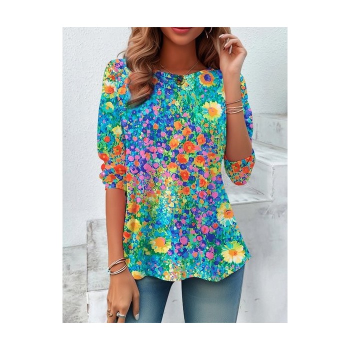 Women's Long Sleeve Tee T-shirt Spring/Fall Floral Jersey Crew Neck Daily Going Out Casual Top Blue