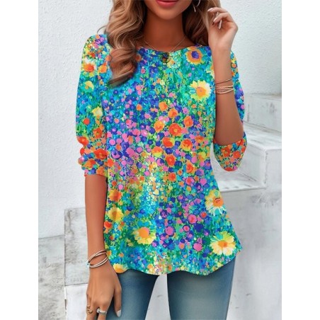 Women's Long Sleeve Tee T-shirt Spring/Fall Floral Jersey Crew Neck Daily Going Out Casual Top Blue