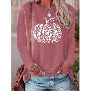 Women Halloween (pumpkin) Long Sleeve Tee T-shirt Crew Neck Printing Casual Spring/Fall Graphic Tee Top