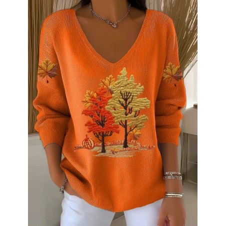 Women Maple Leaf Long Sleeve Tee T-shirt V Neck Printing Casual Spring/Fall Top