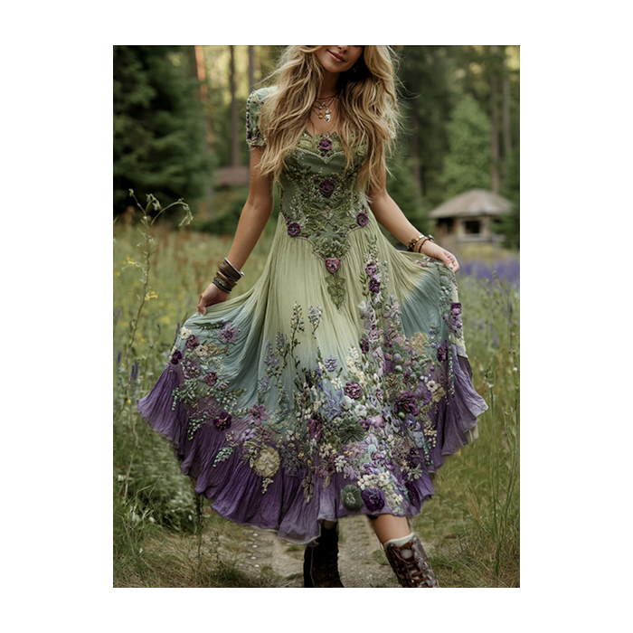 Women Floral Short Sleeve Summer Dress V Neck Daily Casual Maxi A-Line Dress