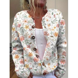 Women 3D Printing Vintage Spring/Fall Knitted Cardigan
