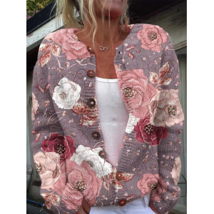 Women Floral Casual Spring/Fall Printing Cardigan