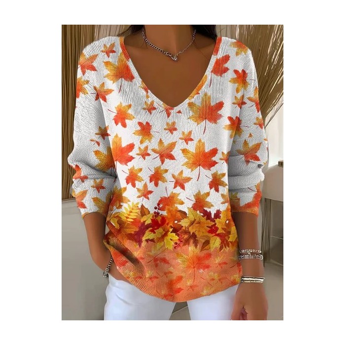 Women Maple Leaf Long Sleeve Tee T-shirt V Neck Printing Casual Spring/Fall Top