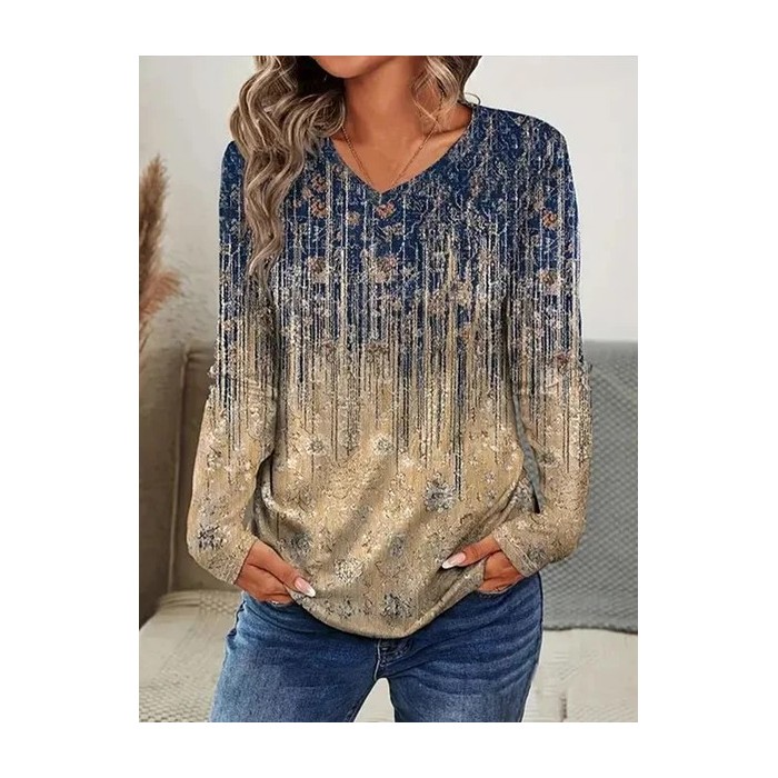 Women Abstract Long Sleeve Tee T-shirt V Neck Printing Casual Spring/Fall Graphic Tee Top