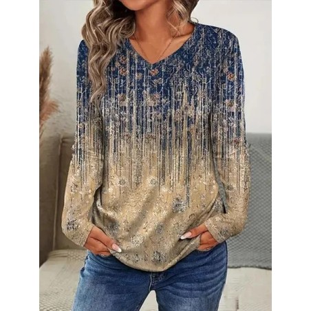 Women Abstract Long Sleeve Tee T-shirt V Neck Printing Casual Spring/Fall Graphic Tee Top