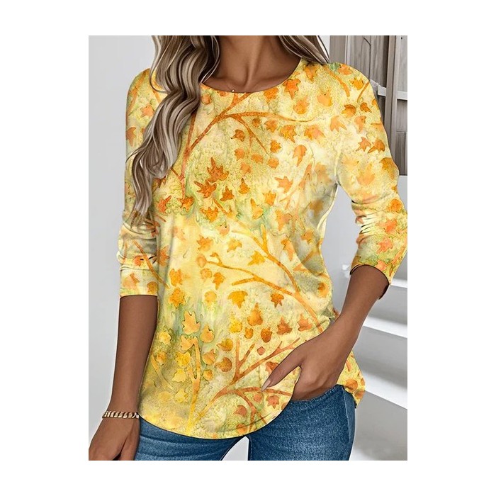 Women Floral Long Sleeve Tee T-shirt Crew Neck Casual Spring/Fall Top