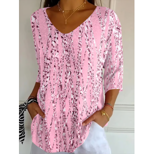 Women Abstract Three Quarter Sleeve Tee T-shirt V Neck Printing Casual Spring/Fall Graphic Tee Top