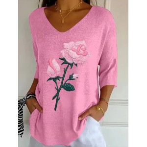 Women Floral Three Quarter Sleeve Tee T-shirt V Neck Printing Casual Spring/Fall Graphic Tee Top