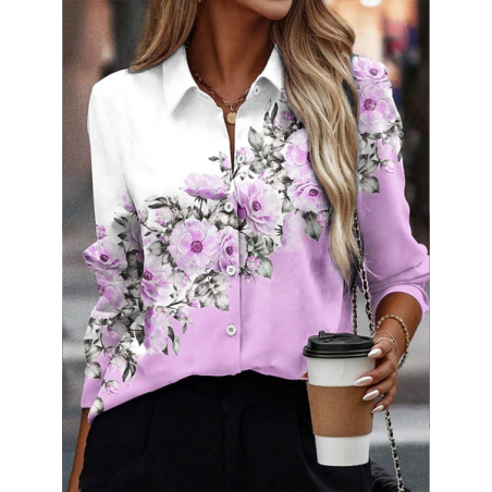 Women Floral Long Sleeve Shirt Spring/Fall Buckle Shirt Collar Regular Sleeve Daily Casual Top