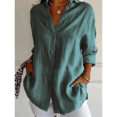 Women Plain Long Sleeve Shirt Spring/Fall Buckle Shirt Collar Regular Sleeve Daily Casual Top
