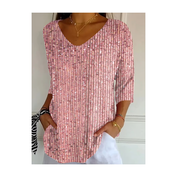 Women Abstract Three Quarter Sleeve Tee T-shirt V Neck Printing Casual Spring/Fall Graphic Tee Top