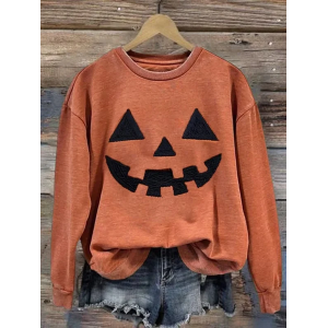 Women Halloween Pumpkin Print Crew Neck Casual Spring/Fall Long Sleeve Sweatshirt