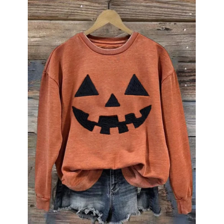 Women Halloween Pumpkin Print Crew Neck Casual Spring/Fall Long Sleeve Sweatshirt