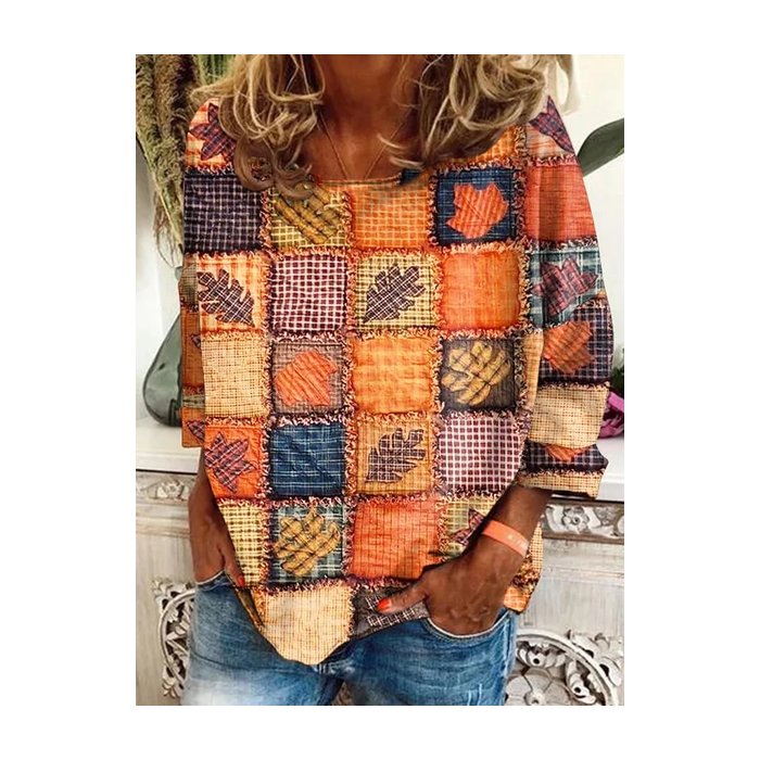 Women Halloween Maple Leaf Print Long Sleeve Tee T-shirt Crew Neck Festival Spring/Fall Plus Size Top