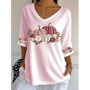 Women Halloween Pumpkin Floral Three Quarter Sleeve Tee T-shirt V Neck Printing Festival Spring/Fall Graphic Tee Top