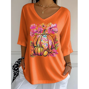 Women Halloween Pumpkin Orange Floral Three Quarter Sleeve Tee T-shirt V Neck Printing Festival Spring/Fall Graphic Tee Top