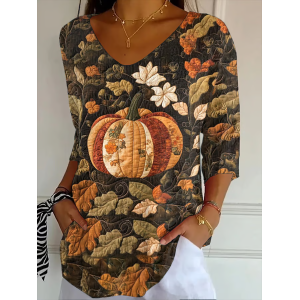 Women Halloween Pumpkin Floral Print Three Quarter Sleeve Tee T-shirt V Neck Festival Spring/Fall Graphic Tee Top