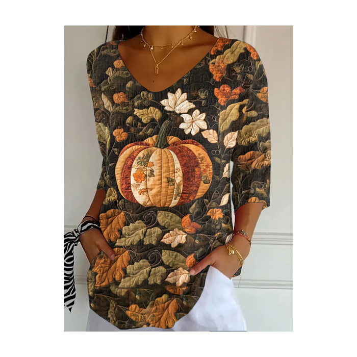 Women Halloween Pumpkin Floral Print Three Quarter Sleeve Tee T-shirt V Neck Festival Spring/Fall Graphic Tee Top
