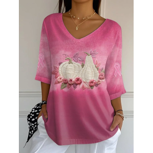 Women Halloween Pumpkin Pink Floral Three Quarter Sleeve Tee T-shirt V Neck Printing Festival Spring/Fall Graphic Tee Top