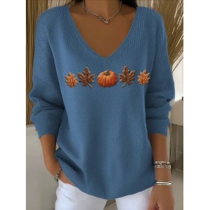 Women Floral Spring/Fall Casual Long Sleeve V Neck Cotton Sweater
