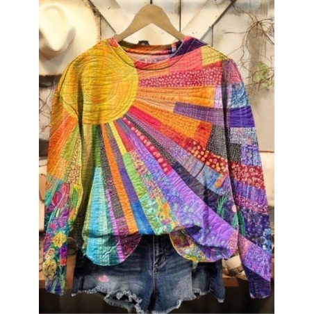 Women Color Block Crew Neck Vintage Spring/Fall Long Sleeve Sweatshirt