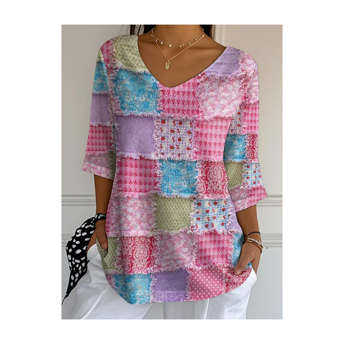 Women Floral Three Quarter Sleeve Tee T-shirt V Neck Printing Casual Spring/Fall Graphic Tee Top