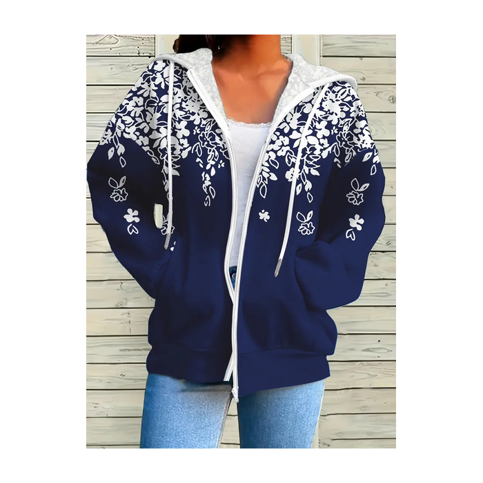 Women Spring/Fall Outerwear Casual Printing Floral Long Sleeve Hoodie Jacket