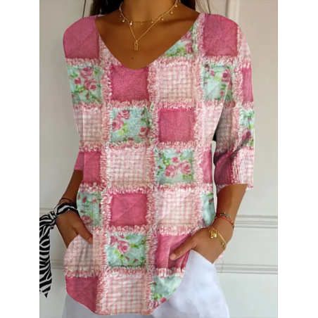 Women Floral Three Quarter Sleeve Tee T-shirt V Neck Printing Casual Spring/Fall Graphic Tee Top