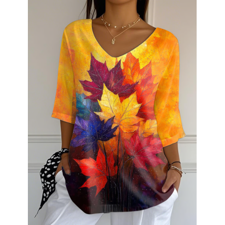 Women Maple Leaf Three Quarter Sleeve Tee T-shirt V Neck Printing Casual Spring/Fall Graphic Tee Top
