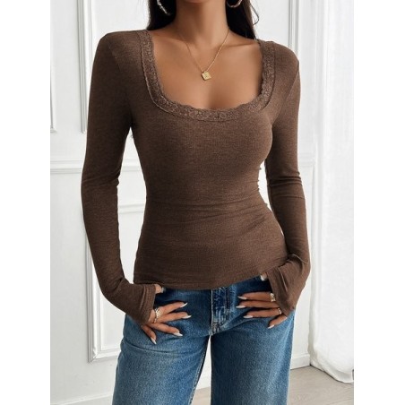 Women Floral Long Sleeve Tee T-shirt Square Neck Split Joint Casual Spring/Fall Top