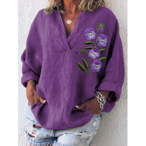 Women Floral Long Sleeve Shirt Spring/Fall Printing Shawl Collar Daily Casual Top