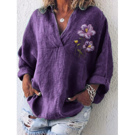 Women Floral Long Sleeve Shirt Spring/Fall Printing Shawl Collar Daily Casual Top