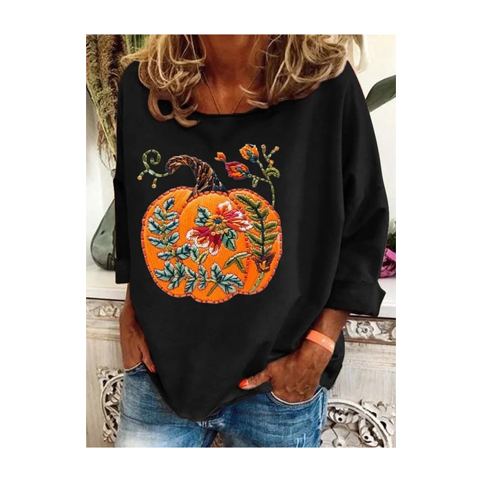 Women Halloween Floral Long Sleeve Tee T-shirt Crew Neck Printing Casual Spring/Fall Graphic Tee Top