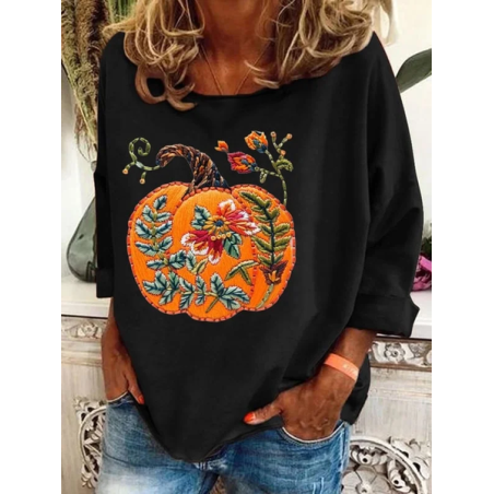 Women Halloween Floral Long Sleeve Tee T-shirt Crew Neck Printing Casual Spring/Fall Graphic Tee Top