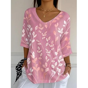 Women Floral Three Quarter Sleeve Tee T-shirt V Neck Printing Casual Spring/Fall Graphic Tee Top