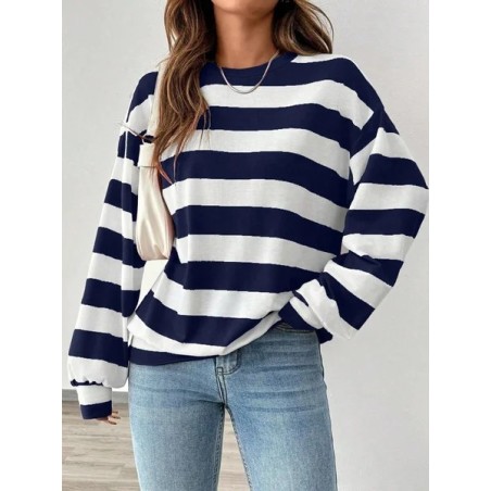 Women Striped Crew Neck Printing Casual Spring/Fall Long Sleeve Sweatshirt