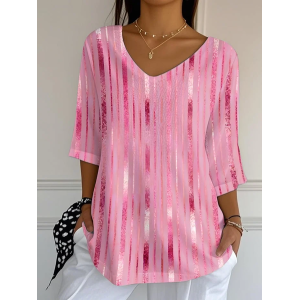 Women Abstract Three Quarter Sleeve Tee T-shirt V Neck Printing Casual Spring/Fall Graphic Tee Top