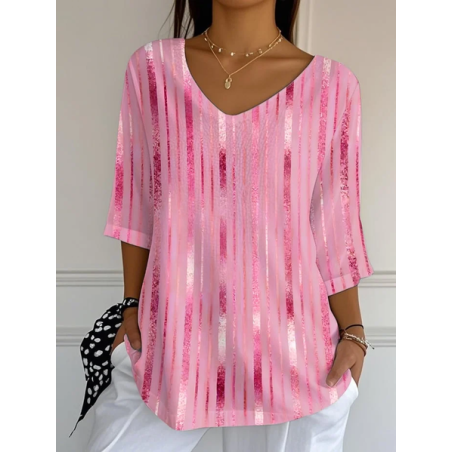 Women Abstract Three Quarter Sleeve Tee T-shirt V Neck Printing Casual Spring/Fall Graphic Tee Top