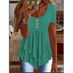 Women Plain Short Sleeve Tee T-shirt Crew Neck Casual Summer Top